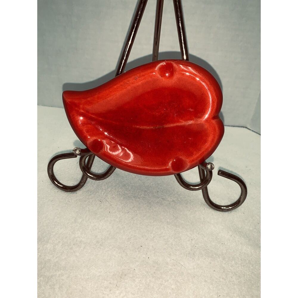 Mid Century Ceramic Heart or Leaf Shaped Ashtray Red Glaze Valentine 6" x 4"
